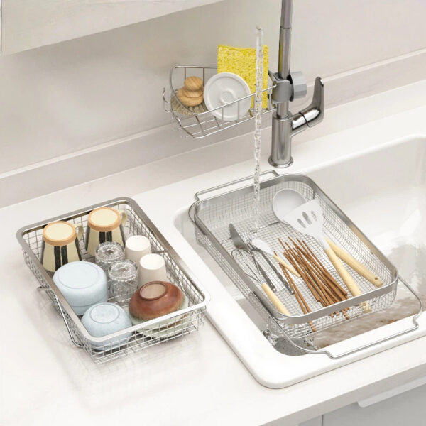 304不锈钢伸缩沥水架碗碟收纳篮 - 图片 1