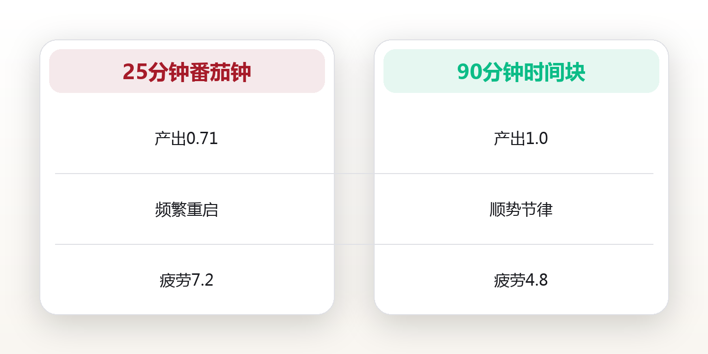 90 分钟时间块：用一节大学课的长度，重写每天的工作节奏 对比图