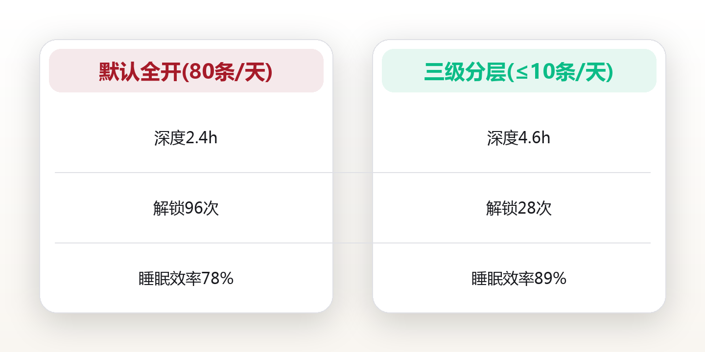 通知极简:我把手机通知从 87 条砍到 3 条,90 天后发生了什么 对比图