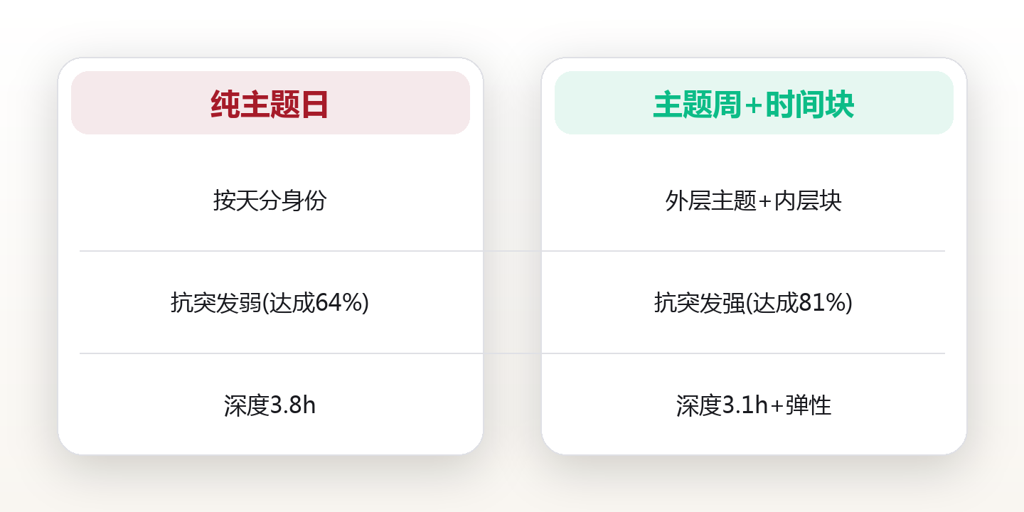 主题日还是时间块?自由职业者搭建日程系统的两种底层逻辑 对比图
